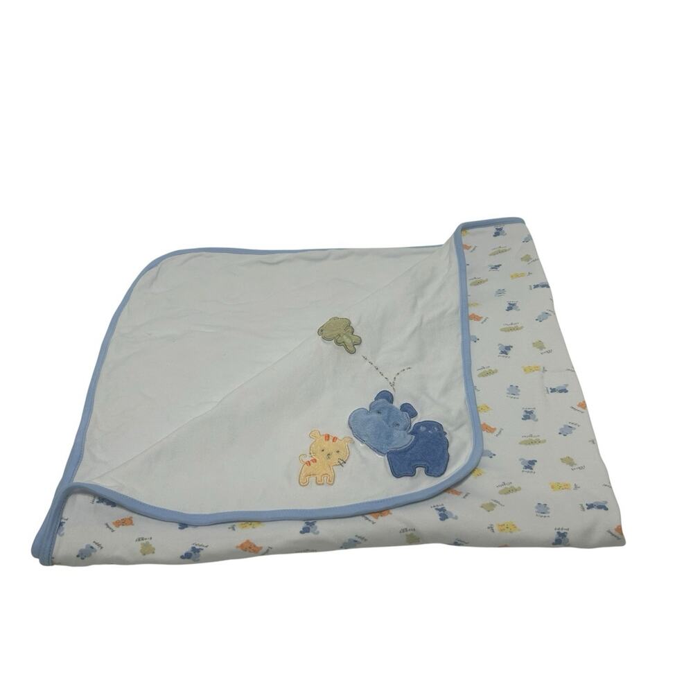 Vintage Carter’s Tiger Hippo Frog Blue Jersey Knit Cotton Baby Blanket